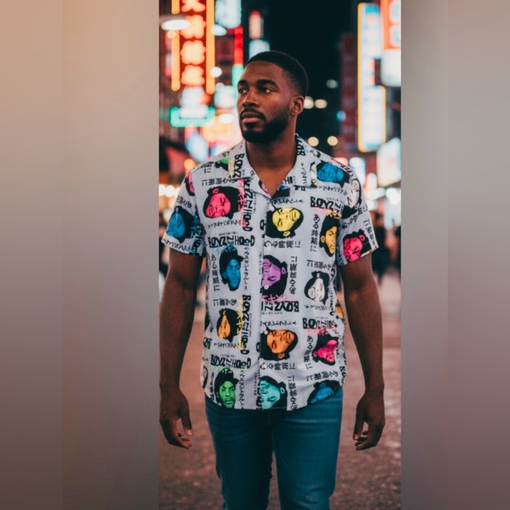 New-Medium boys in the Hood 
Colorful Graphic Print 
classic button down shirt